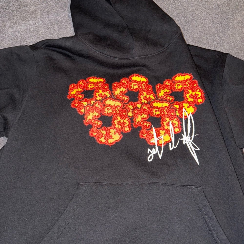 Black Hoodie with Red and Orange Heart Design